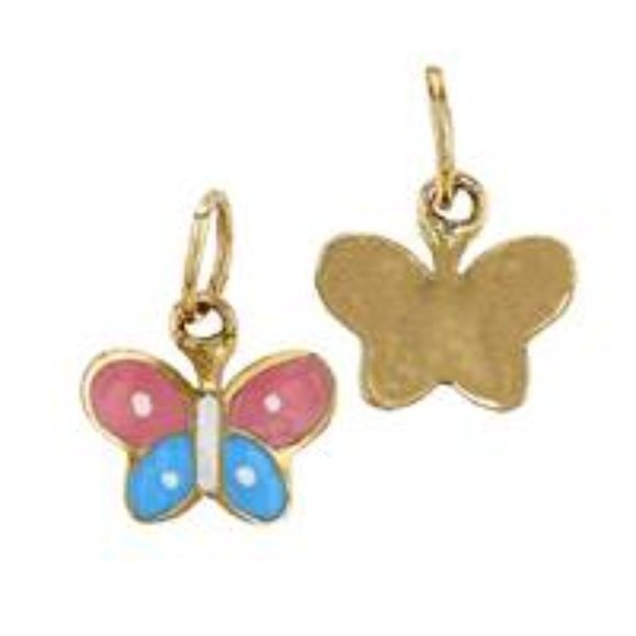 14K Gold Butterfly Charm Pendant Pink Blue Enamel